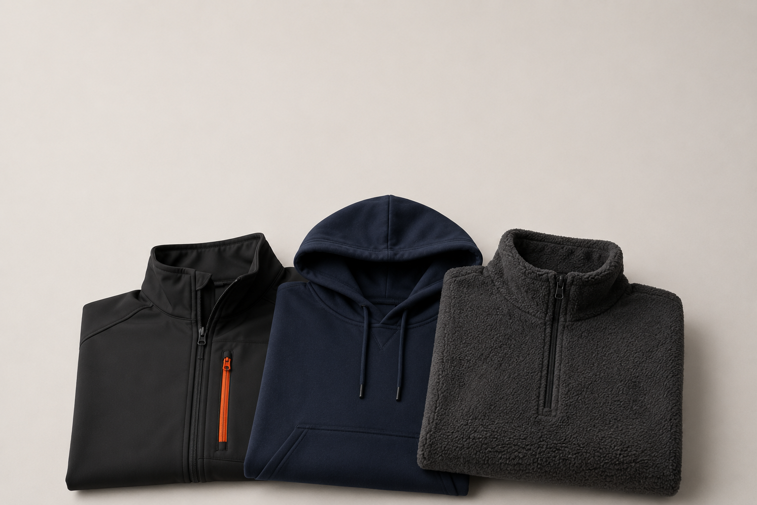 Bluza polar fleece, hanorac cu gluga si jacheta softshell suprapuse, cu texturile vizibile