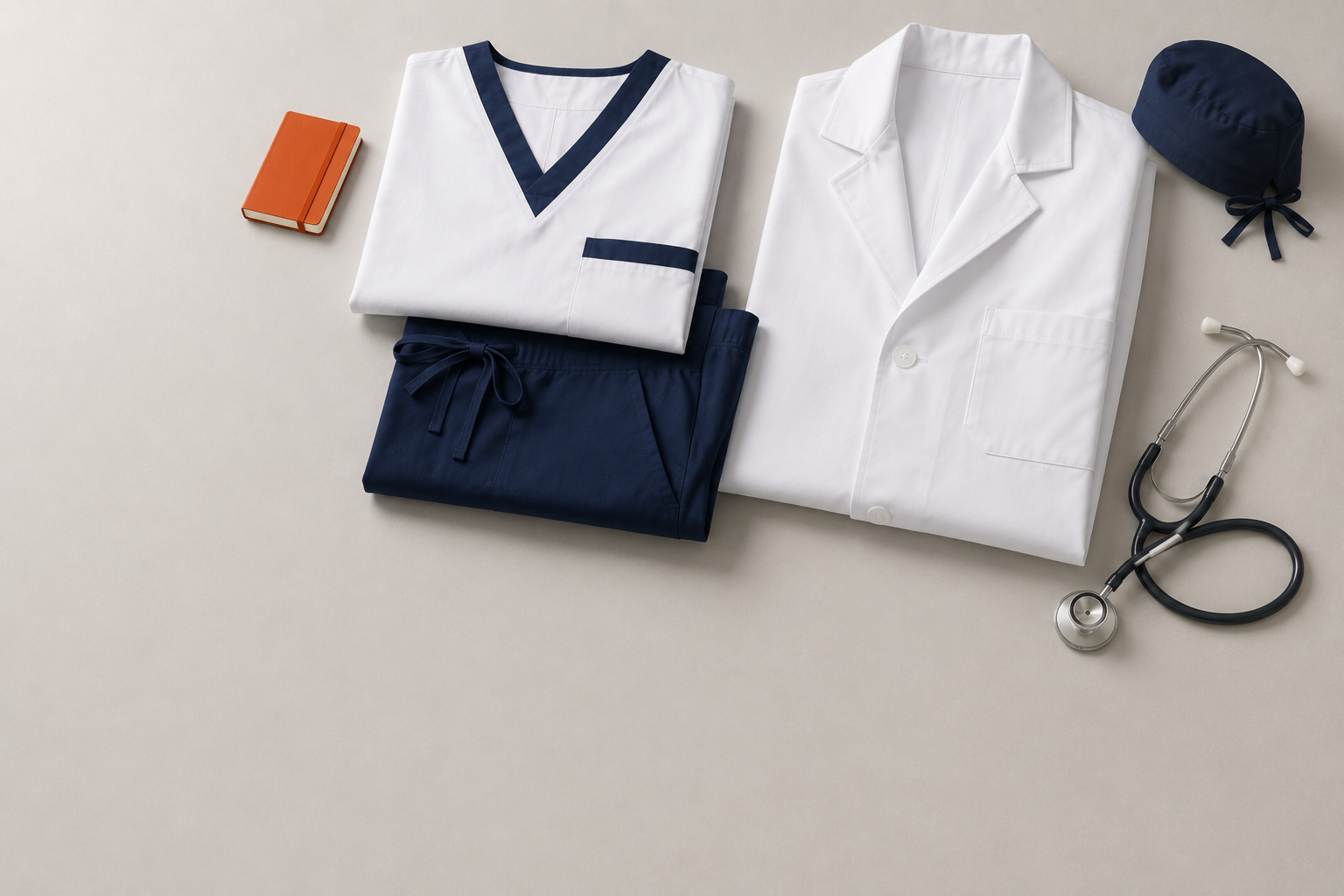 Set complet de uniforma medicala, bluza, pantalon si halat de laborator, aranjate pe fundal neutru
