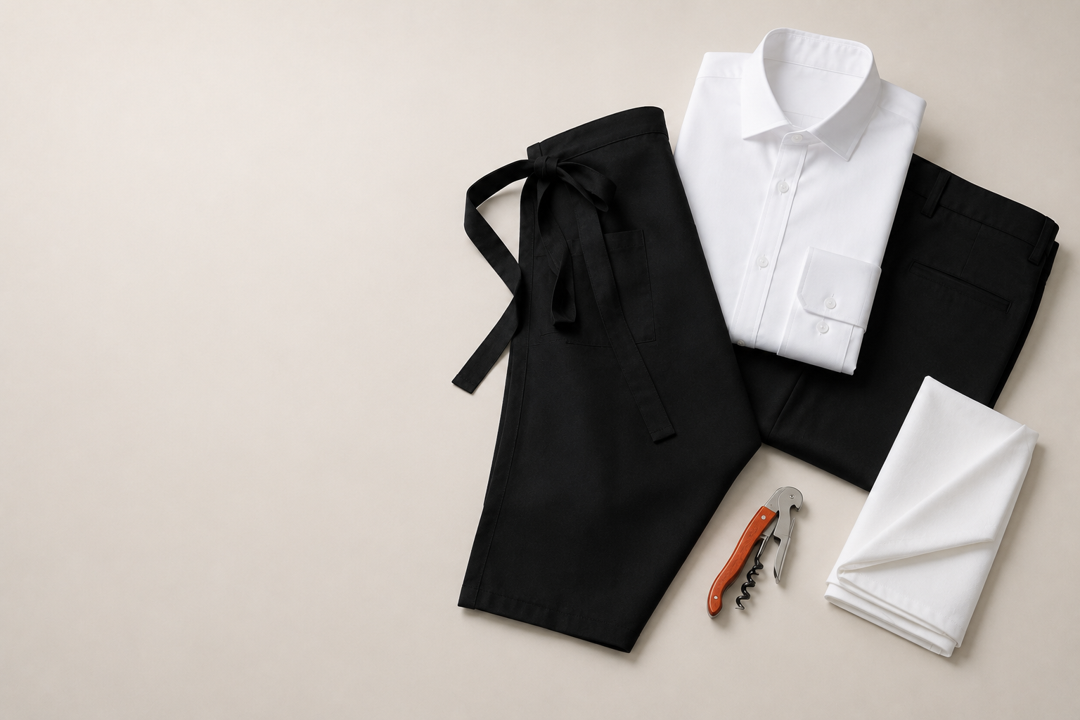 Uniforma completa de ospatar, camasa alba, pantalon negru si sort lung, cu tirbuson de chelner