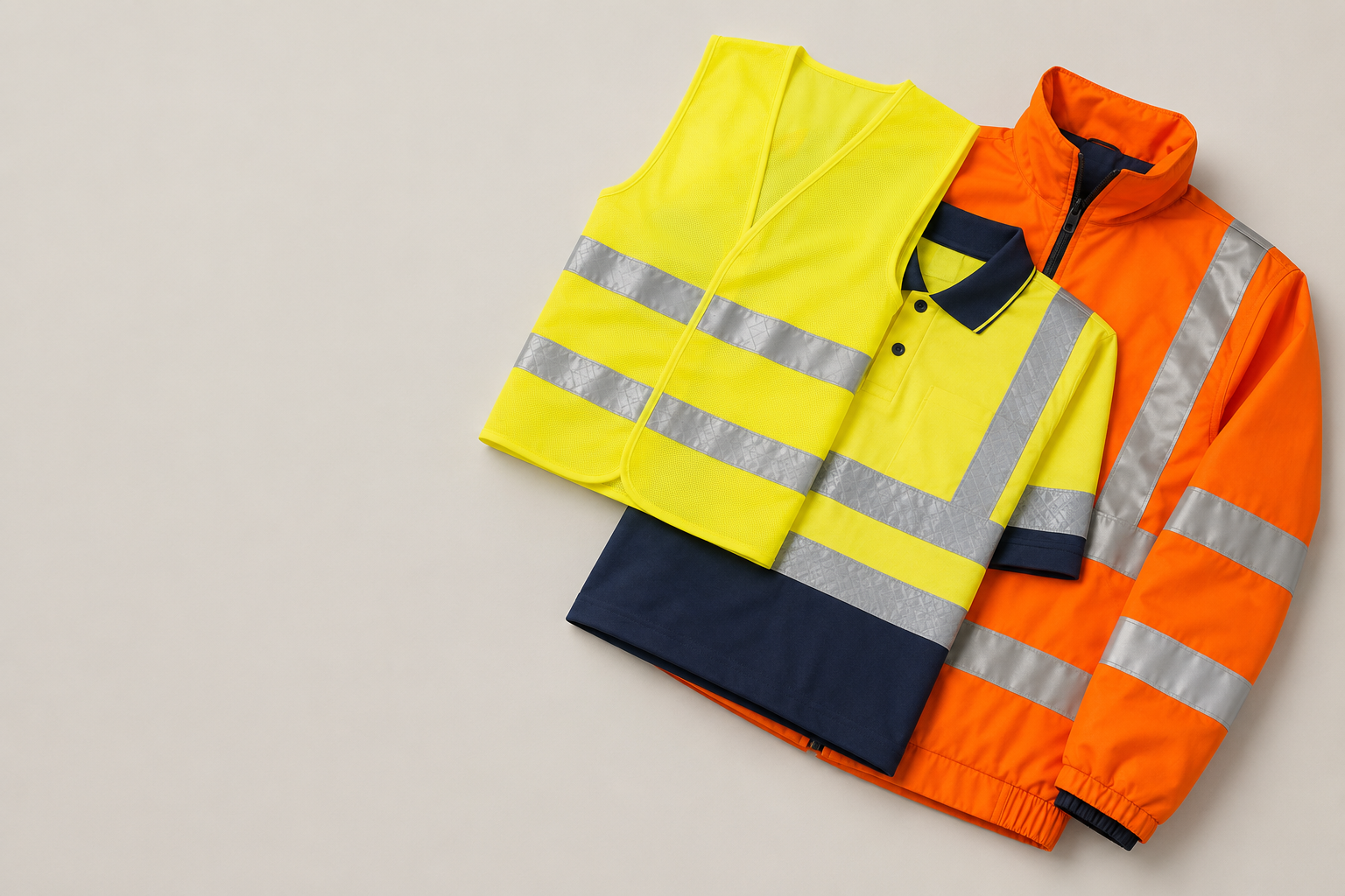 Vesta, tricou polo si geaca reflectorizanta cu benzi retroreflectorizante, in ordinea claselor de vizibilitate