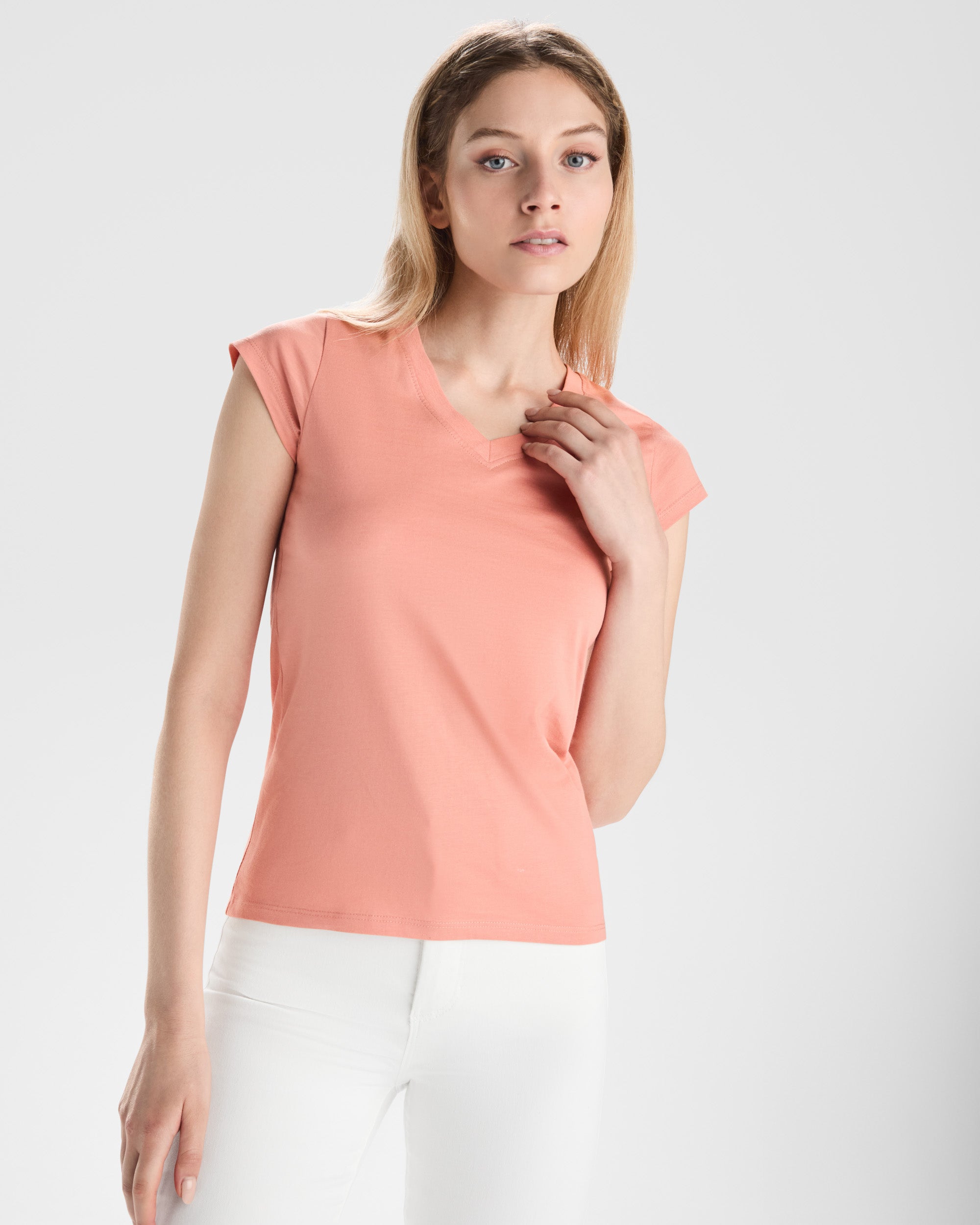 Tricou bumbac cambrat cu guler in V VICTORIA